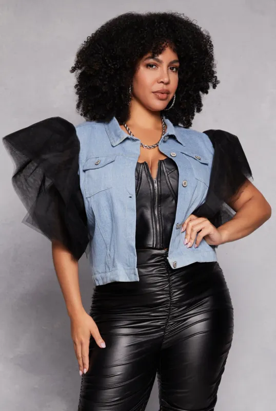 Plus Size Tulle Flutter Sleeve Denim Vest made by Rainbow