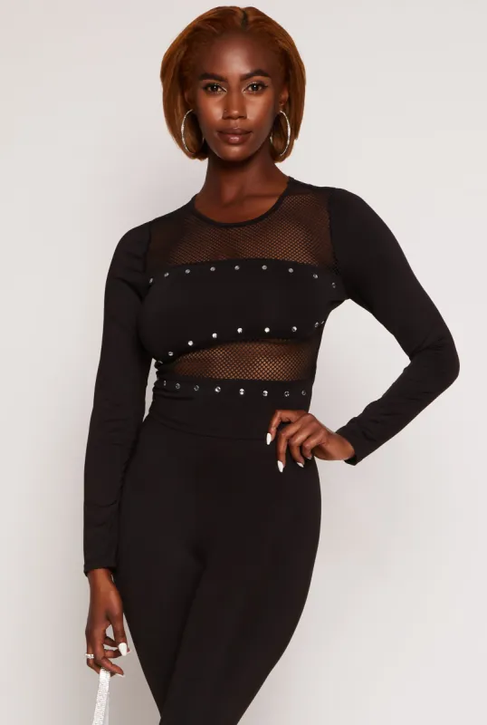 Rhinestone Fishnet Detail Long Sleeve Top sold by Rainbow
