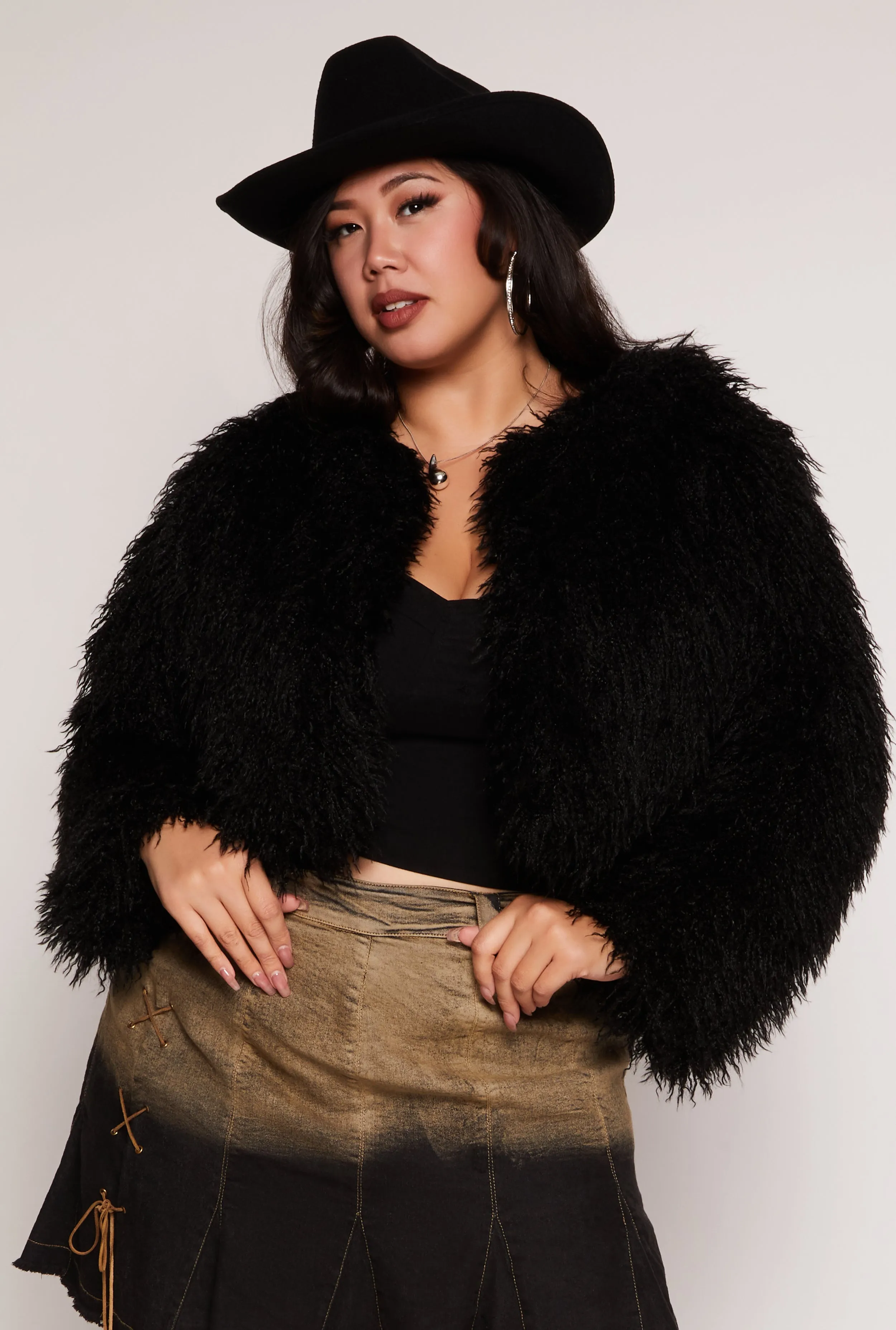 Plus Size Shaggy Faux Fur Cropped Jacket sold by Rainbow