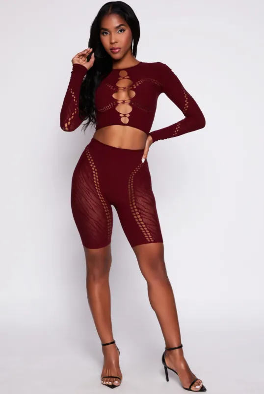Seamless Laser Cut Crop Top and Biker Shorts Set sold by Rainbow