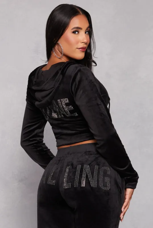 Velour Hotline Rhinestone Zip Front Hoodie sold by Rainbow
