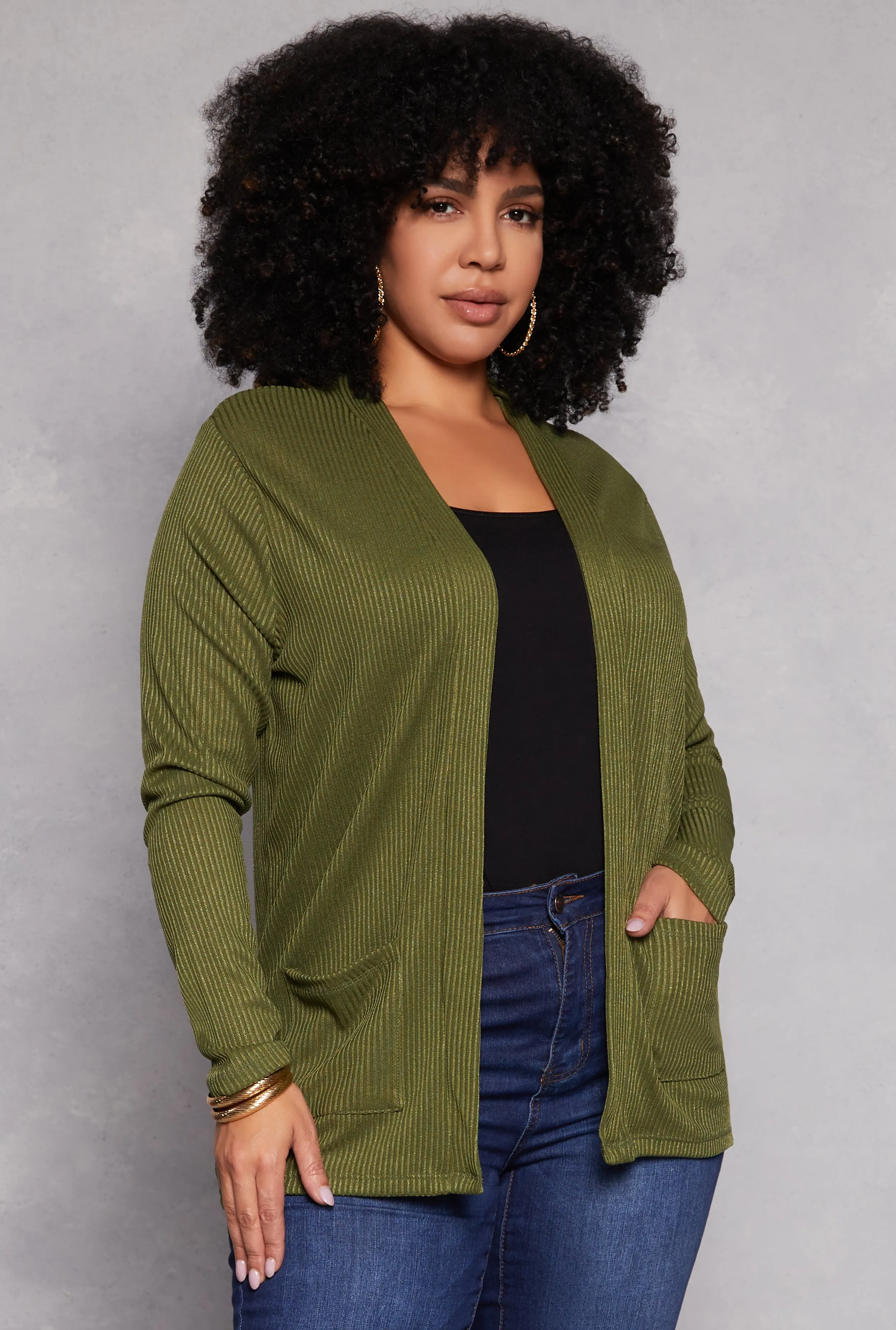 Plus Size Ribbed Knit Open Front Cardigan sold by Rainbow