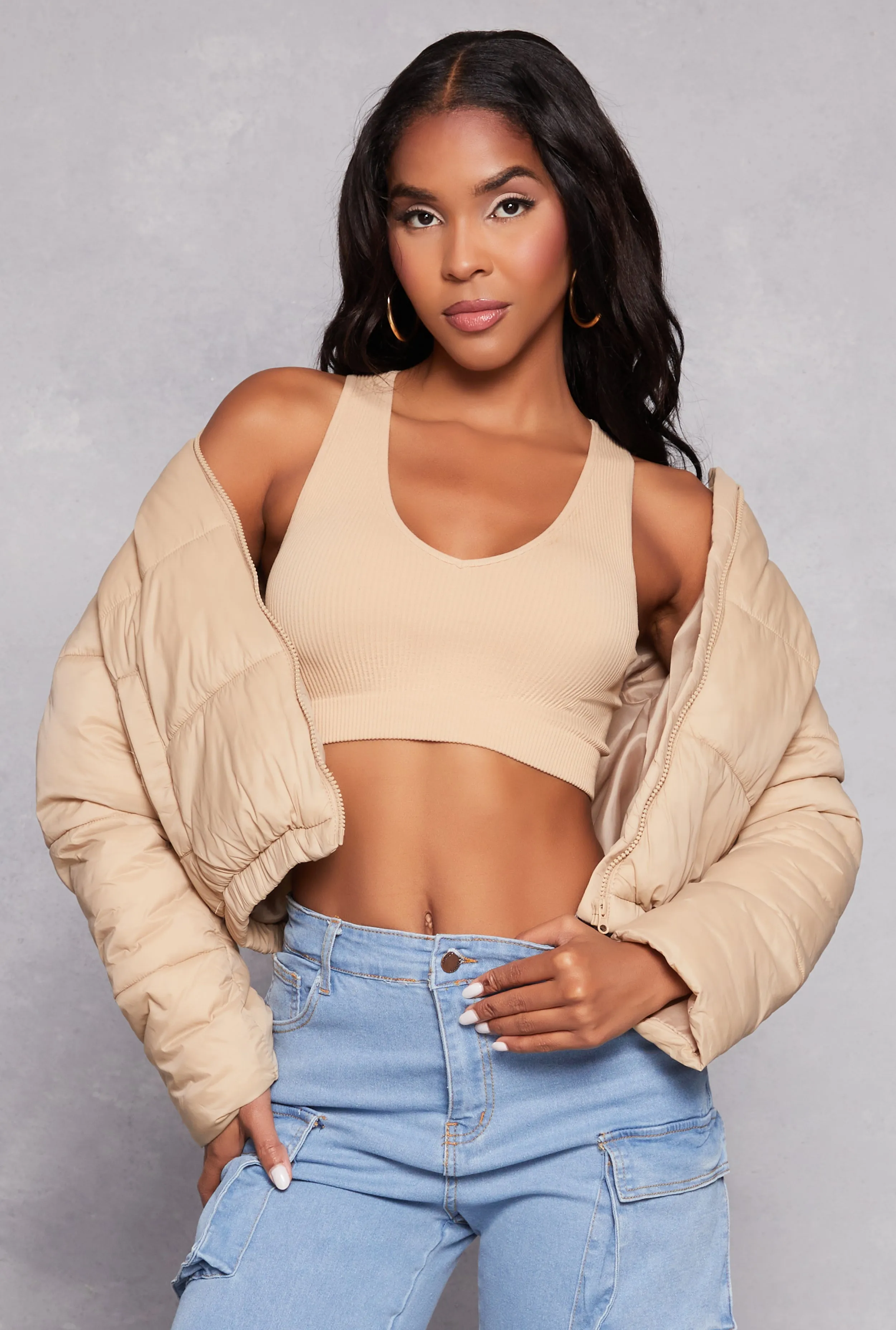 Zip Front Hooded Puffer Jacket sold by Rainbow