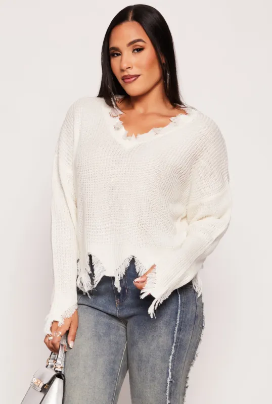 Distressed Knit V Neck Sweater sold by Rainbow