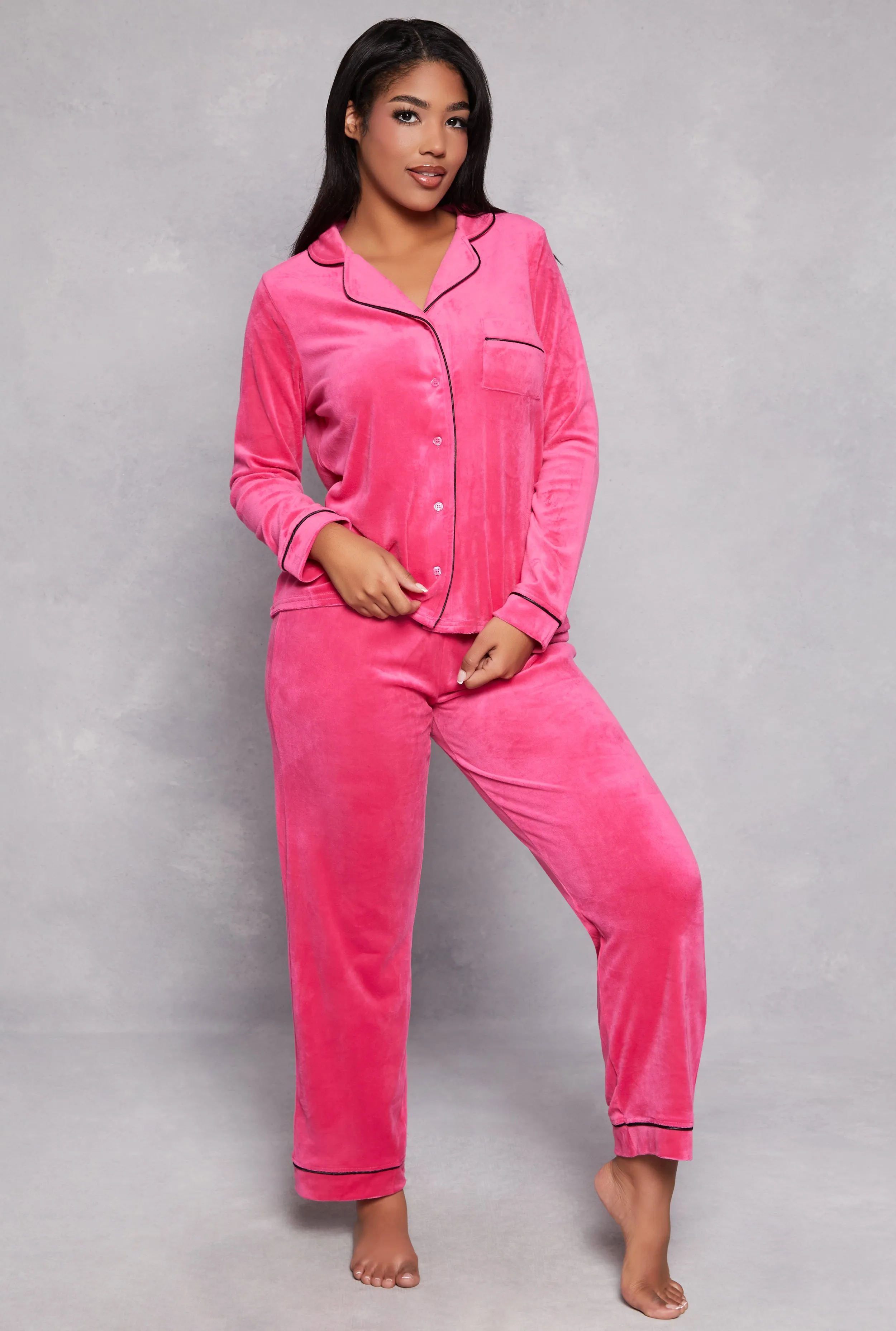 Velour Contrast Trim Long Sleeve Pajama Shirt and Pants sold by Rainbow
