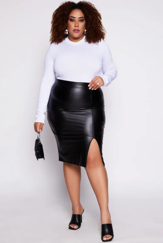 Plus Size Faux Leather High Waist Side Slit Skirt sold by Rainbow