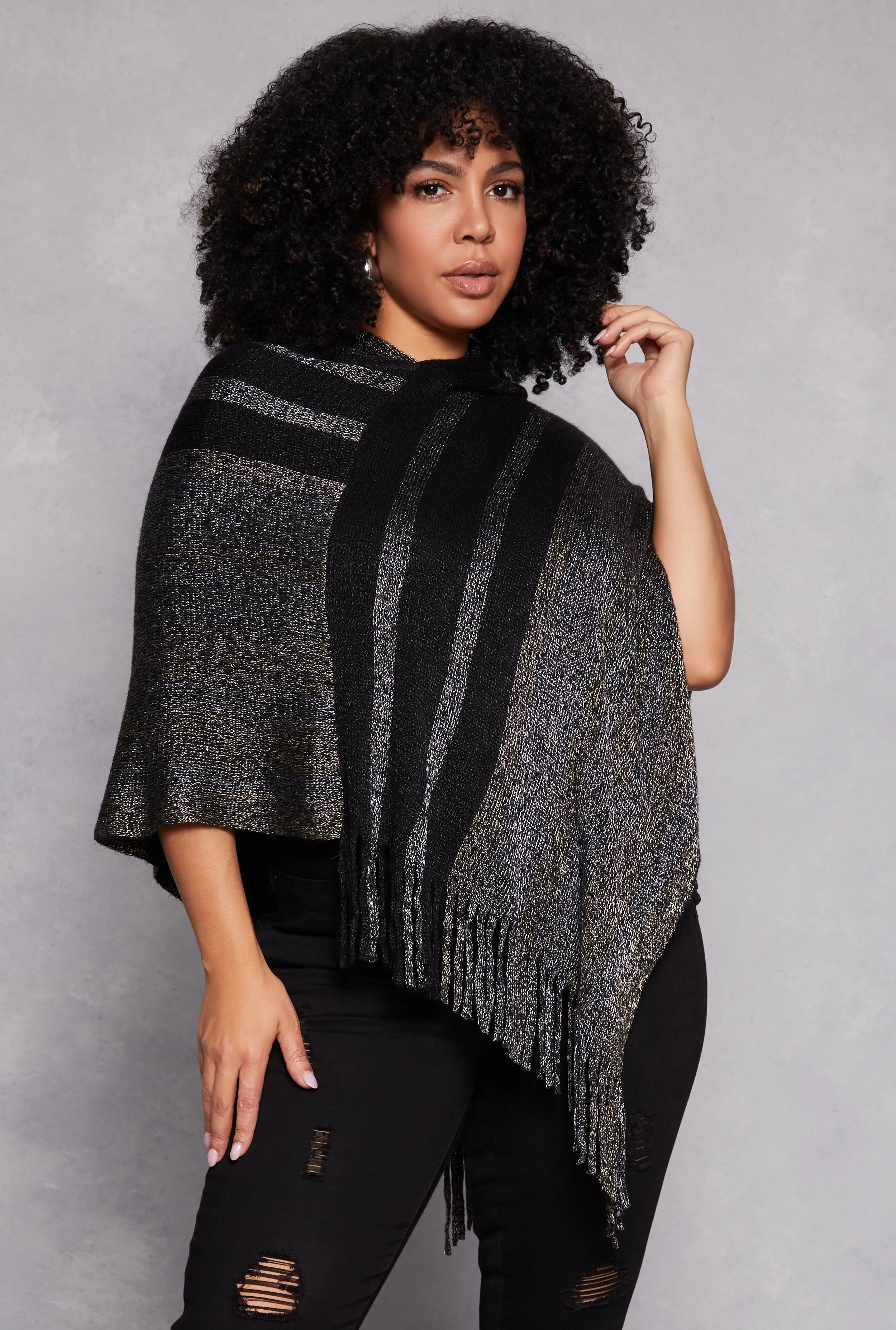 Brushed Knit Striped Detail Hooded Poncho sold by Rainbow product image thumbnail 5