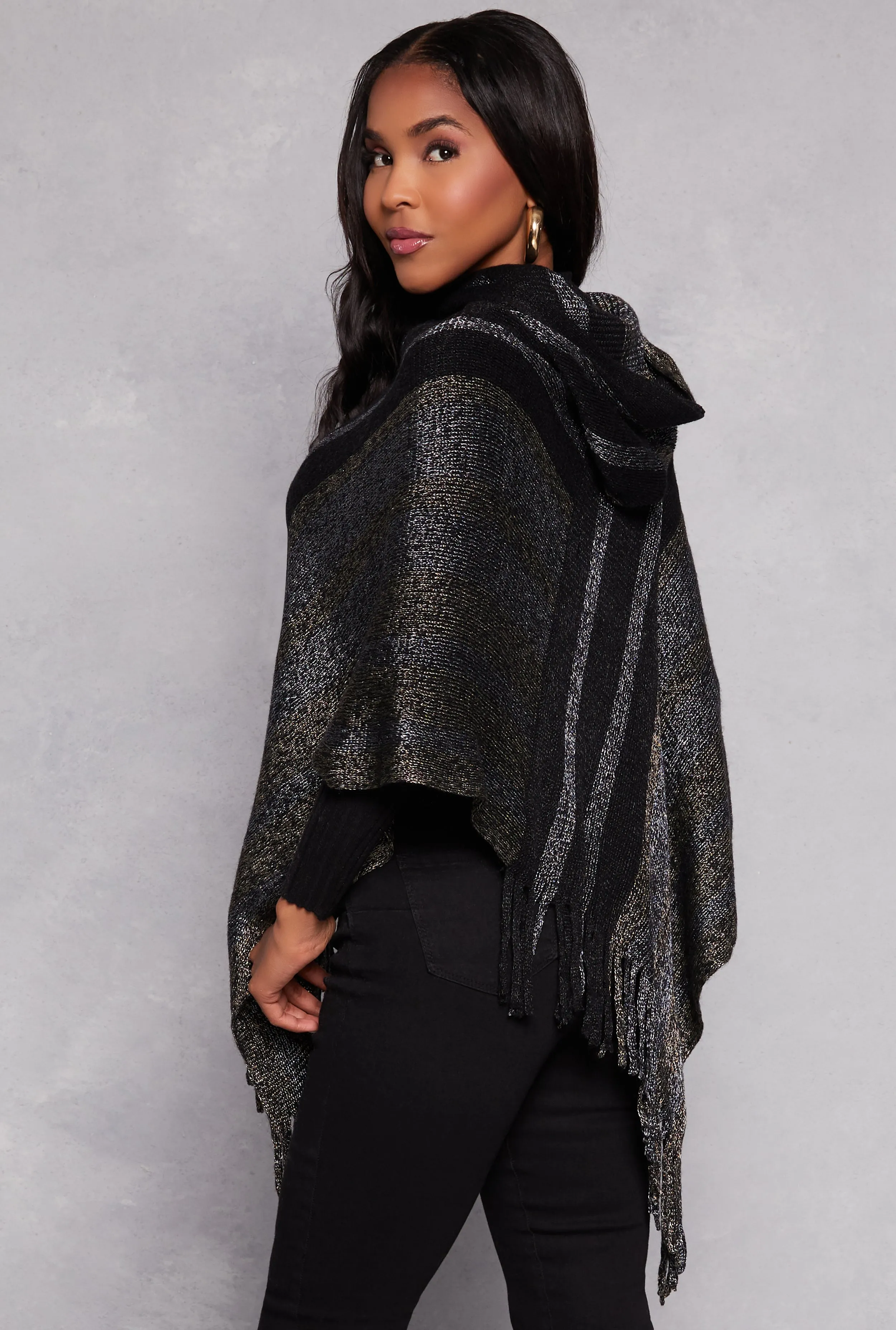 Brushed Knit Striped Detail Hooded Poncho sold by Rainbow product image thumbnail 3