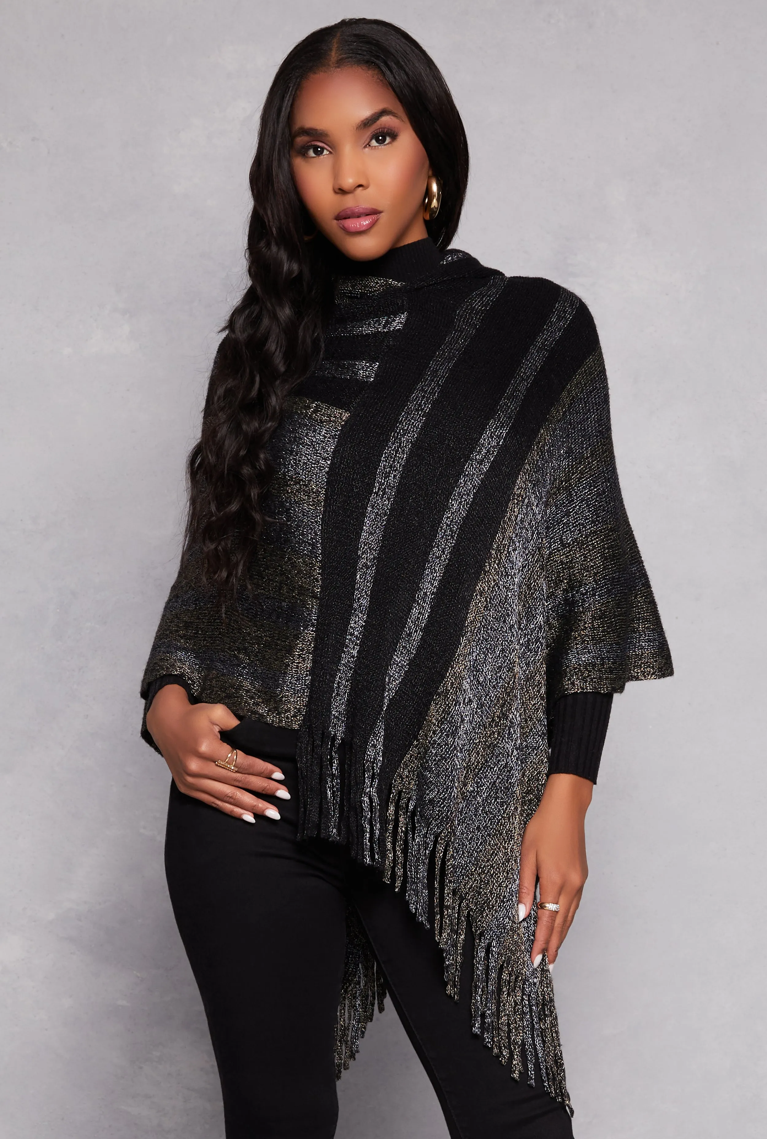 Brushed Knit Striped Detail Hooded Poncho sold by Rainbow
