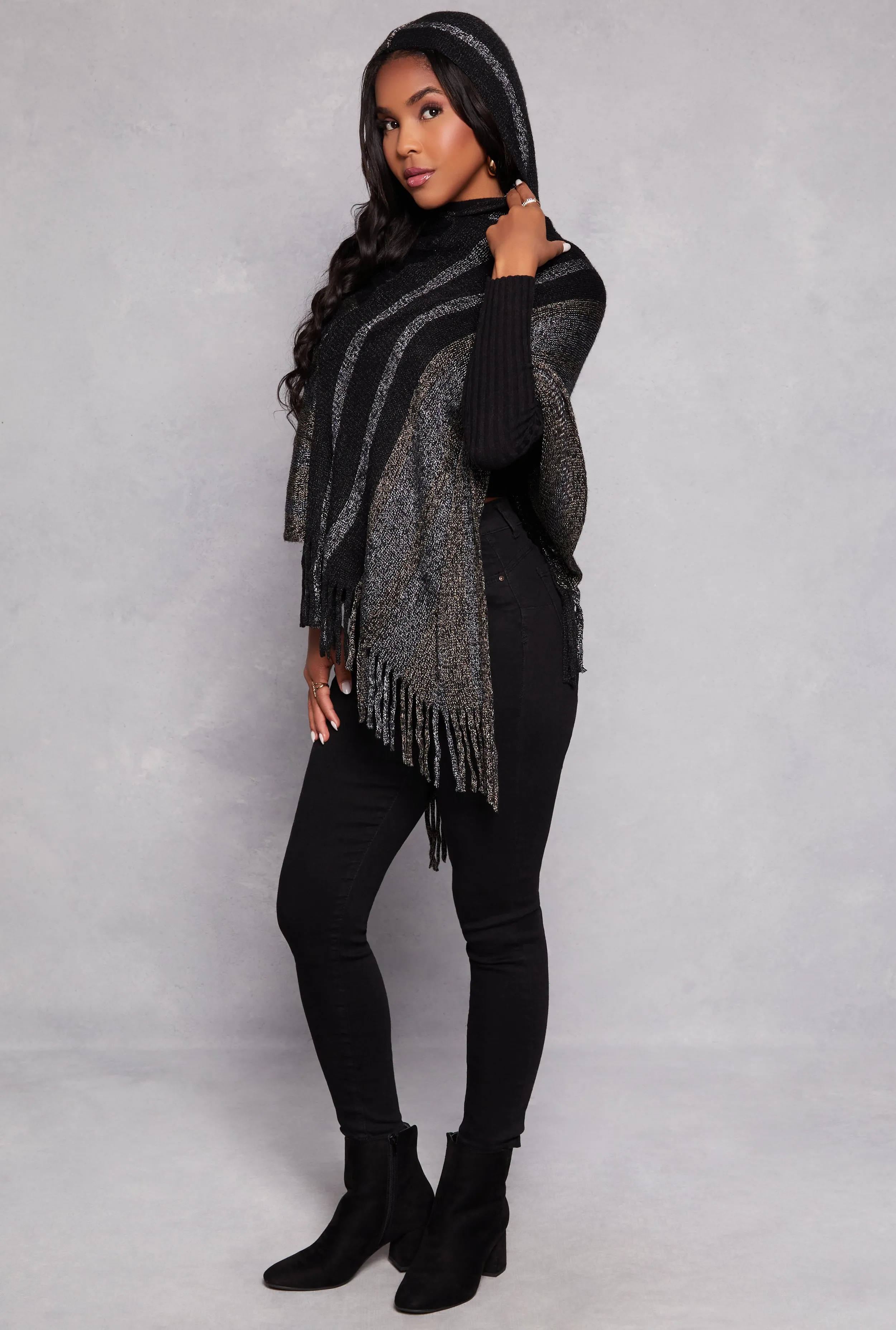 Brushed Knit Striped Detail Hooded Poncho sold by Rainbow product image thumbnail 2