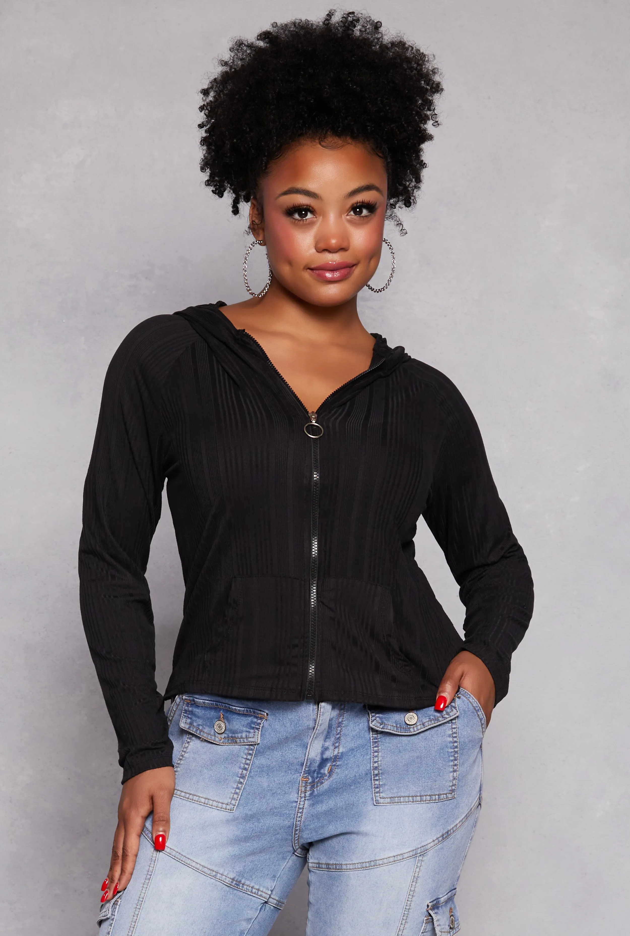 Plus Size Zipper Front Hooded Top sold by Rainbow