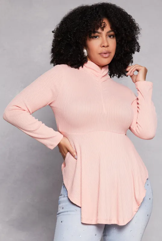 Plus Size Rouched Mock Neck Peplum Top sold by Rainbow