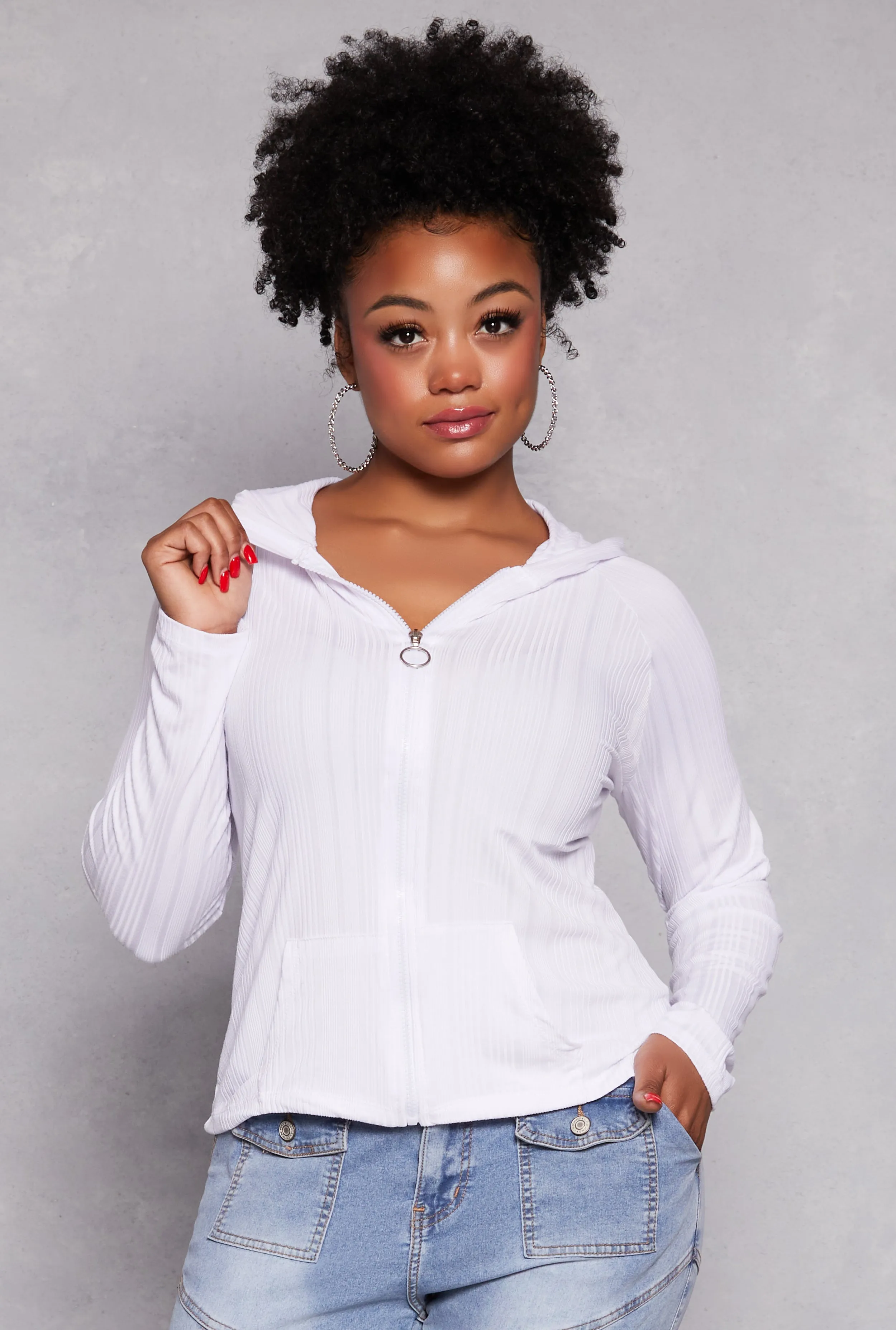 Plus Size Zipper Front Hooded Top sold by Rainbow