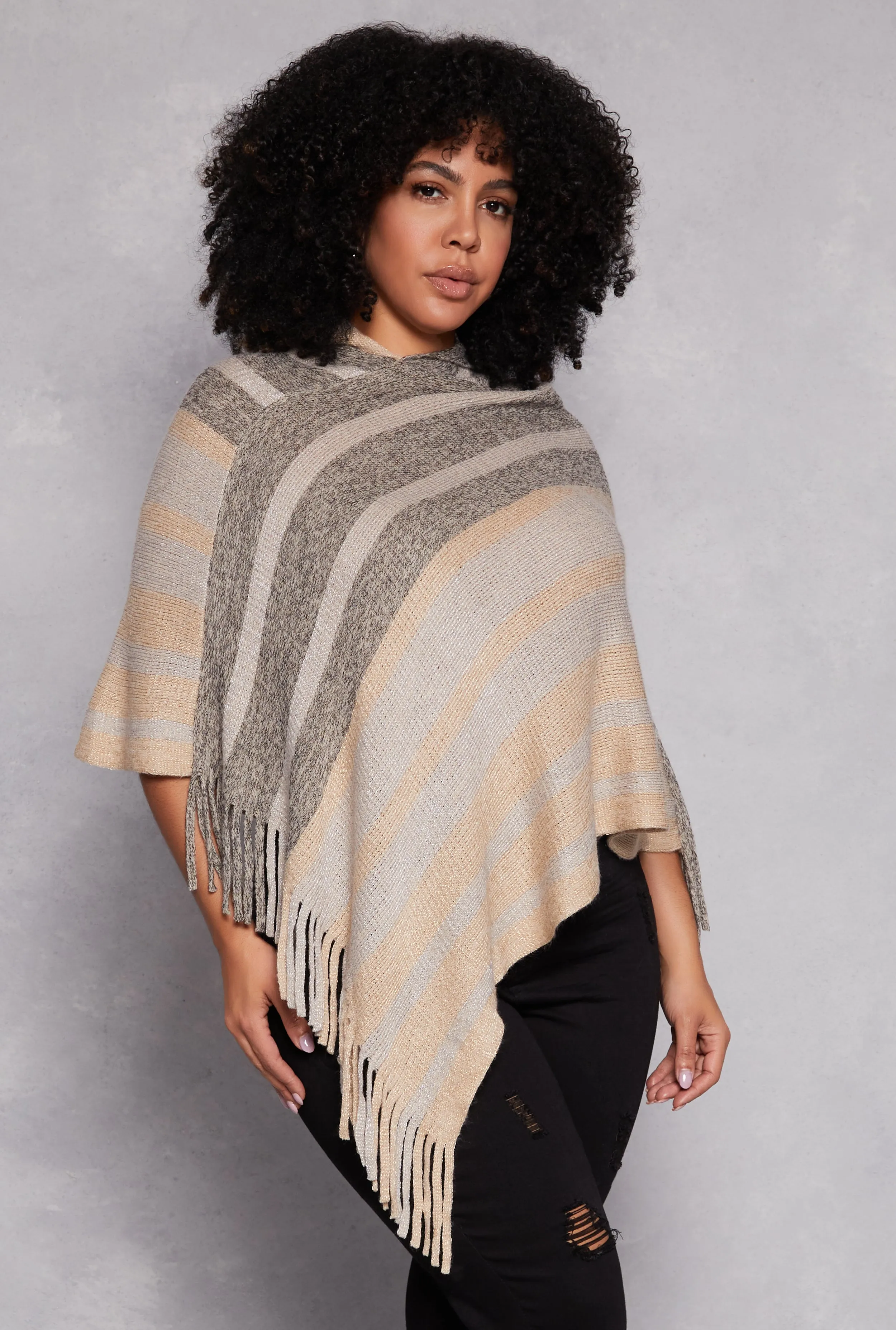 Brushed Knit Striped Detail Hooded Poncho sold by Rainbow