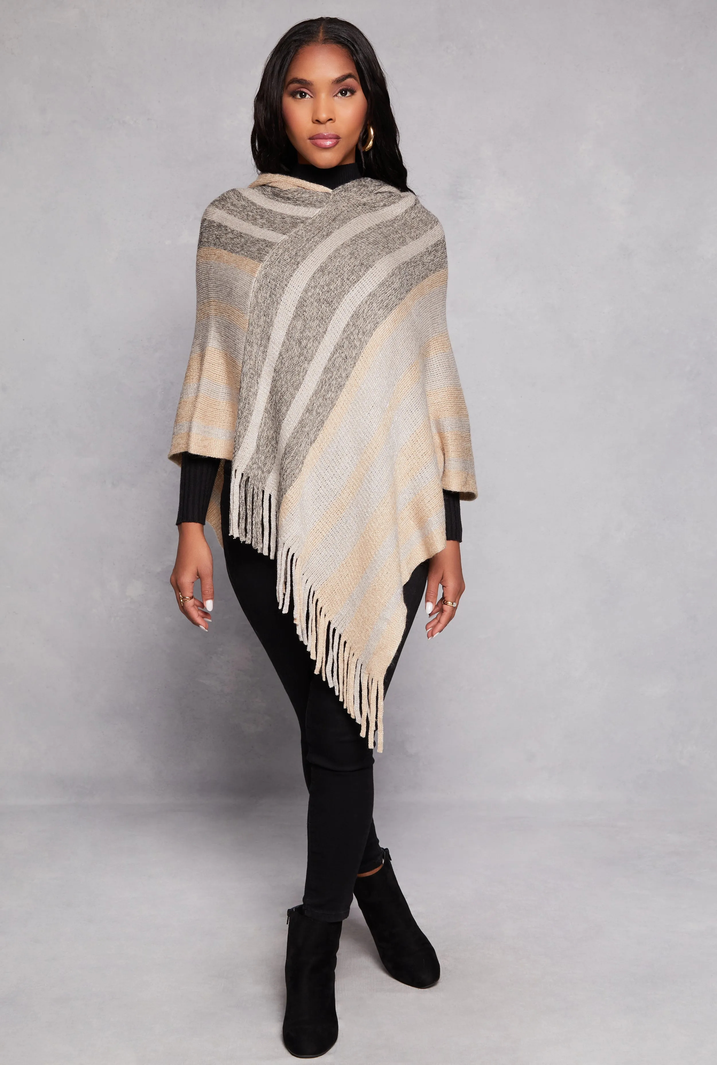Brushed Knit Striped Detail Hooded Poncho sold by Rainbow product image thumbnail 5