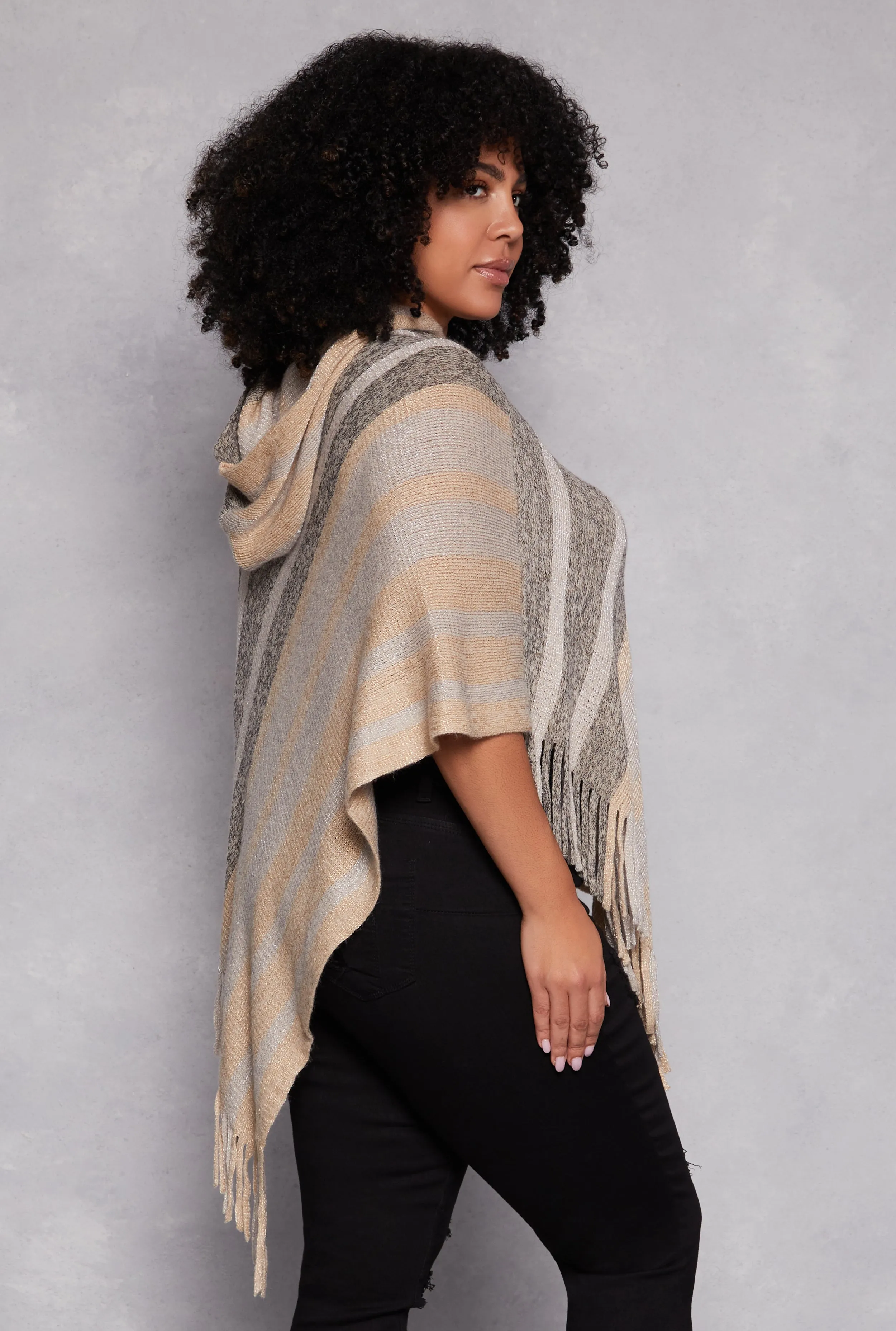 Brushed Knit Striped Detail Hooded Poncho sold by Rainbow product image thumbnail 2