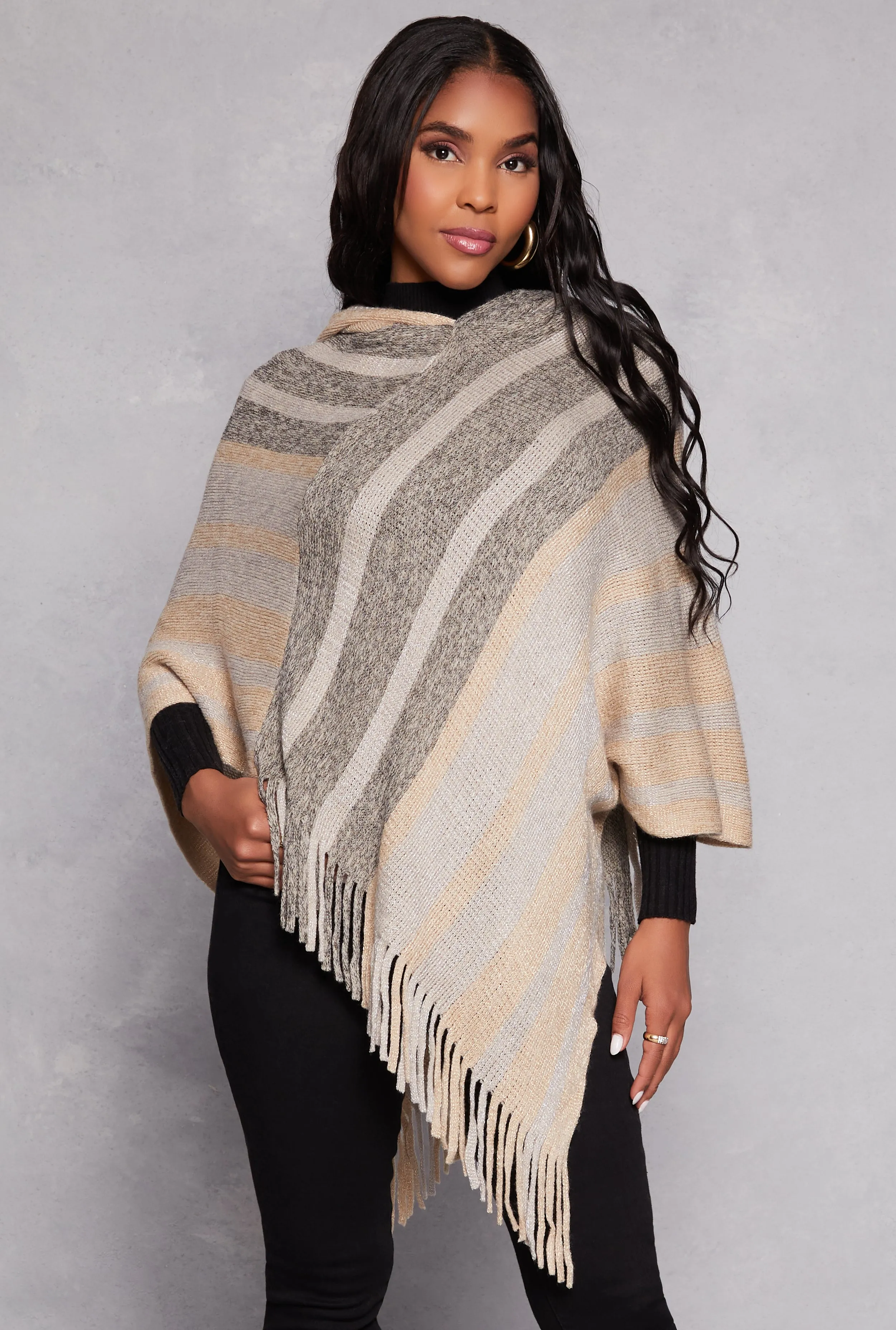 Brushed Knit Striped Detail Hooded Poncho sold by Rainbow product image thumbnail 3