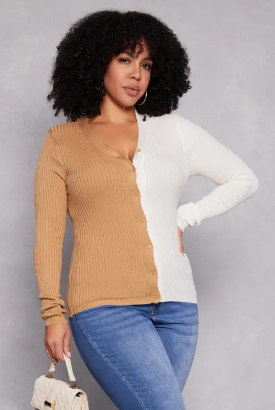 Plus Size Color Block Button Front Cardigan made by Rainbow