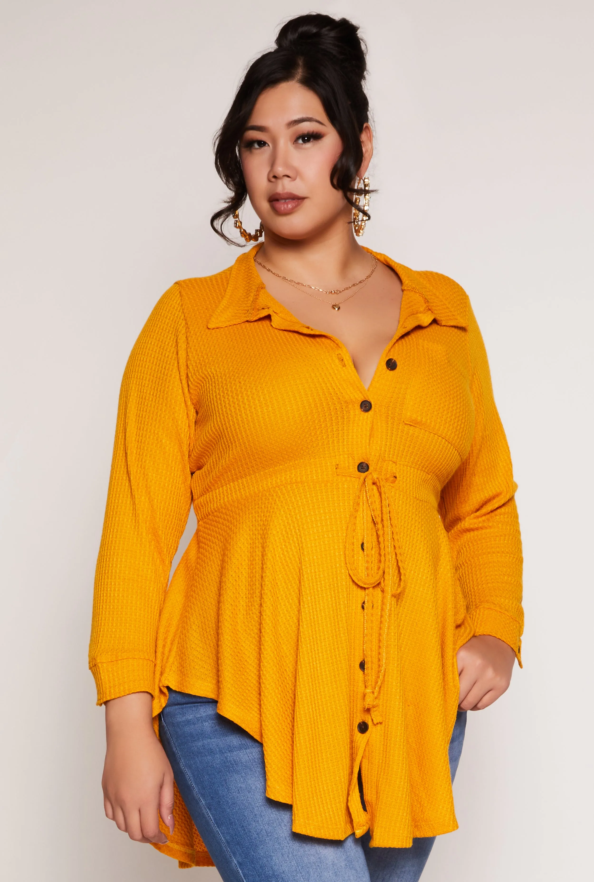 Plus Size Button Front Peplum Top sold by Rainbow