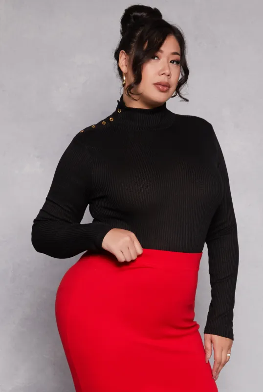 Plus Size Button Detail Mock Neck Top sold by Rainbow