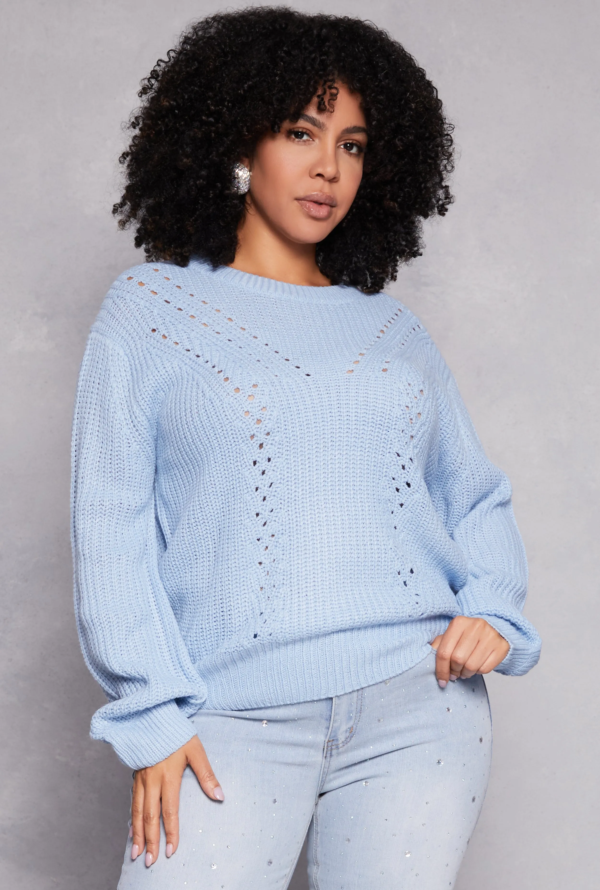 Plus Size Pointelle Knit Crew Neck Sweater sold by Rainbow