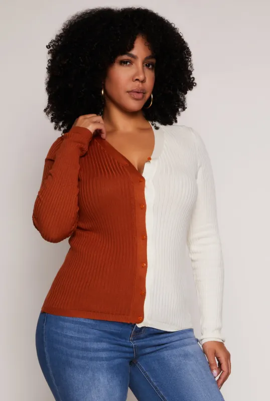 Plus Size Color Block Button Front Cardigan made by Rainbow
