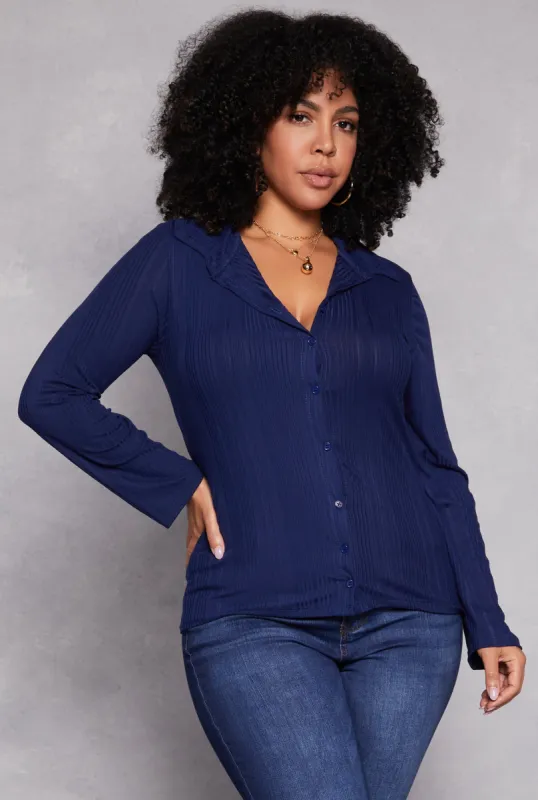 Plus Size Ribbed Knit Button Front Top sold by Rainbow