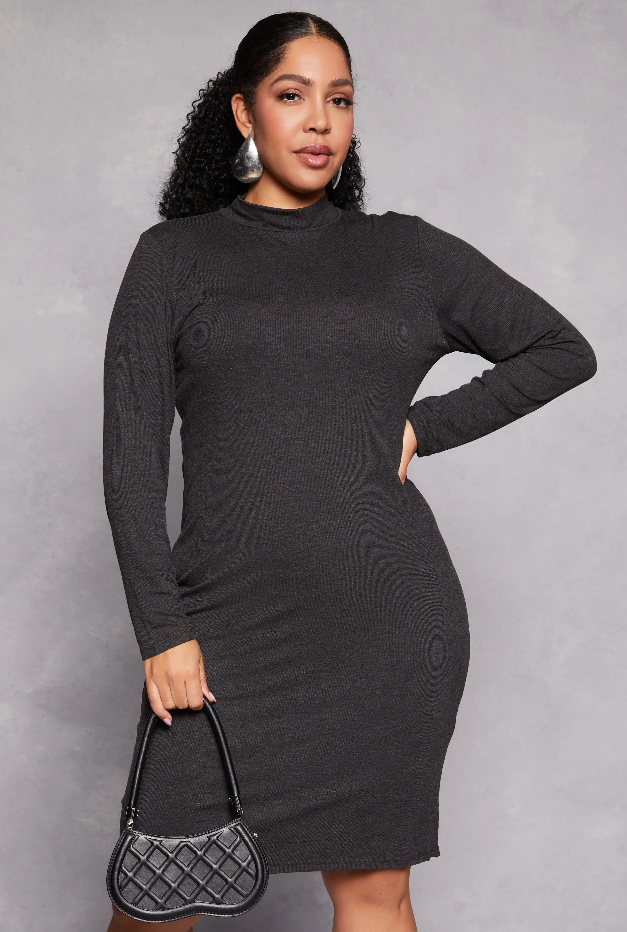 Plus Size Mock Neck Long Sleeve Dress sold by Rainbow