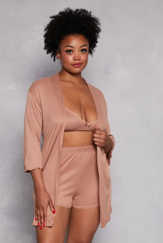 Plus Size Lace Trim Pajama Bralette and Shorts with Robe sold by Rainbow