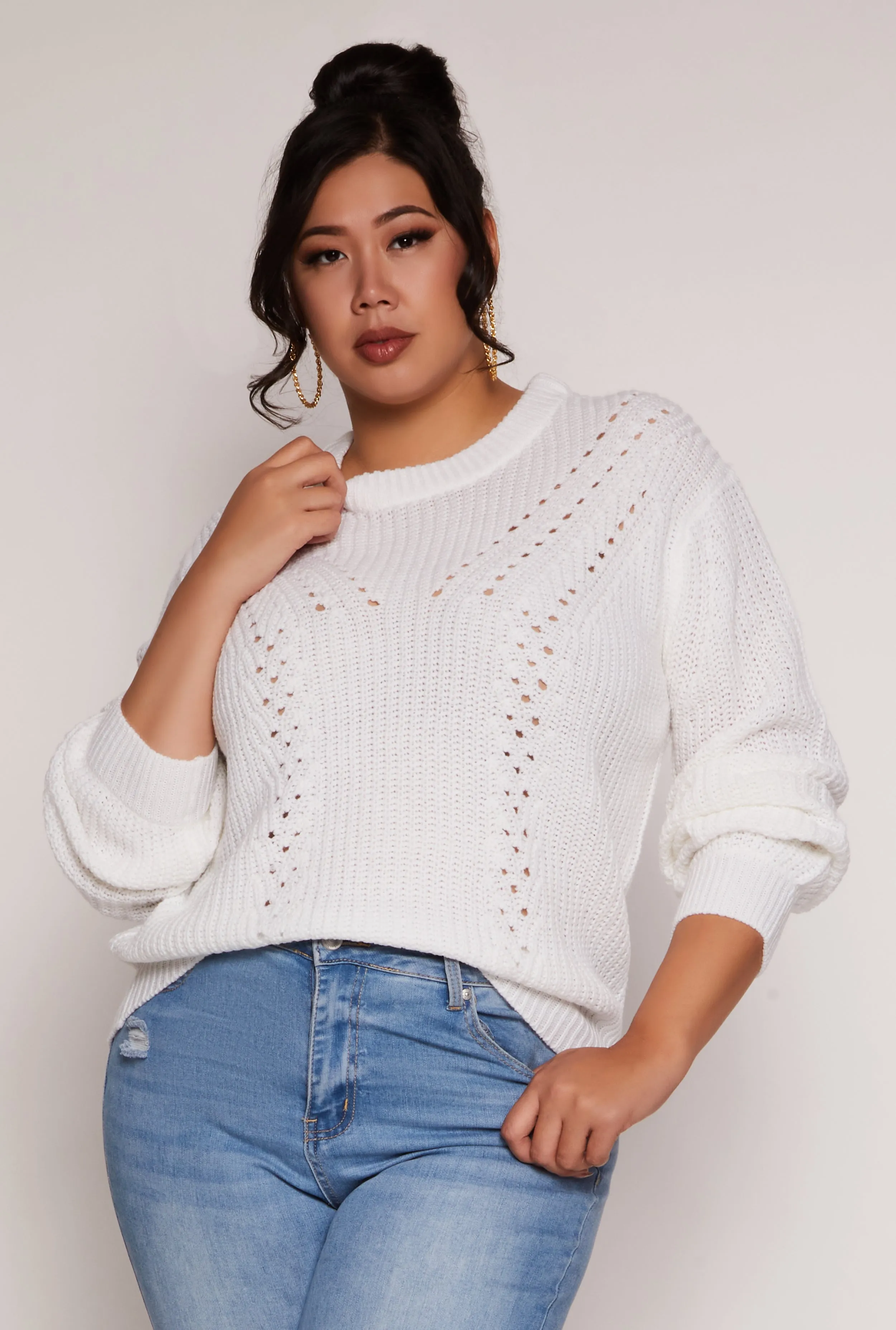 Plus Size Pointelle Knit Crew Neck Sweater sold by Rainbow