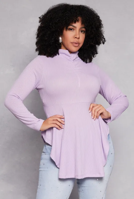 Plus Size Rouched Mock Neck Peplum Top sold by Rainbow