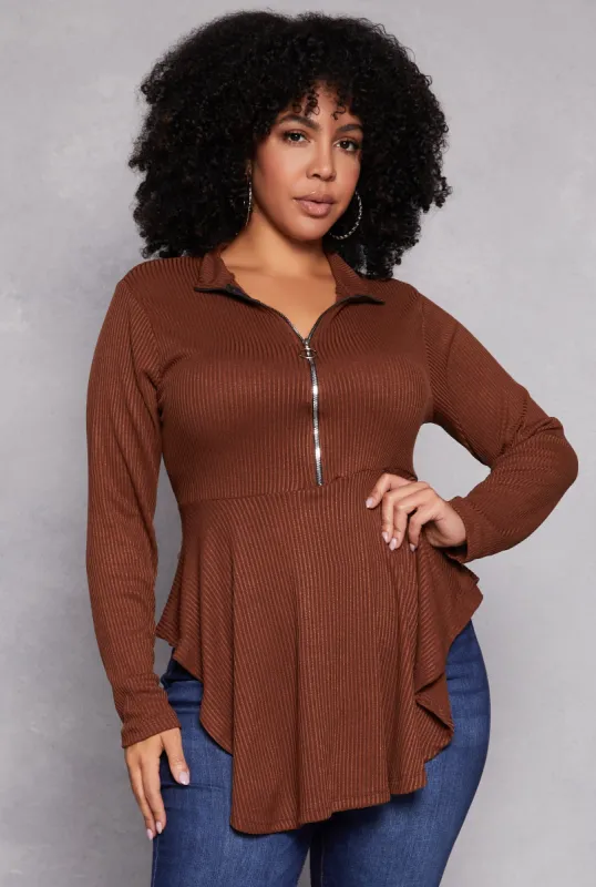 Plus Size Half Zip Peplum Top sold by Rainbow