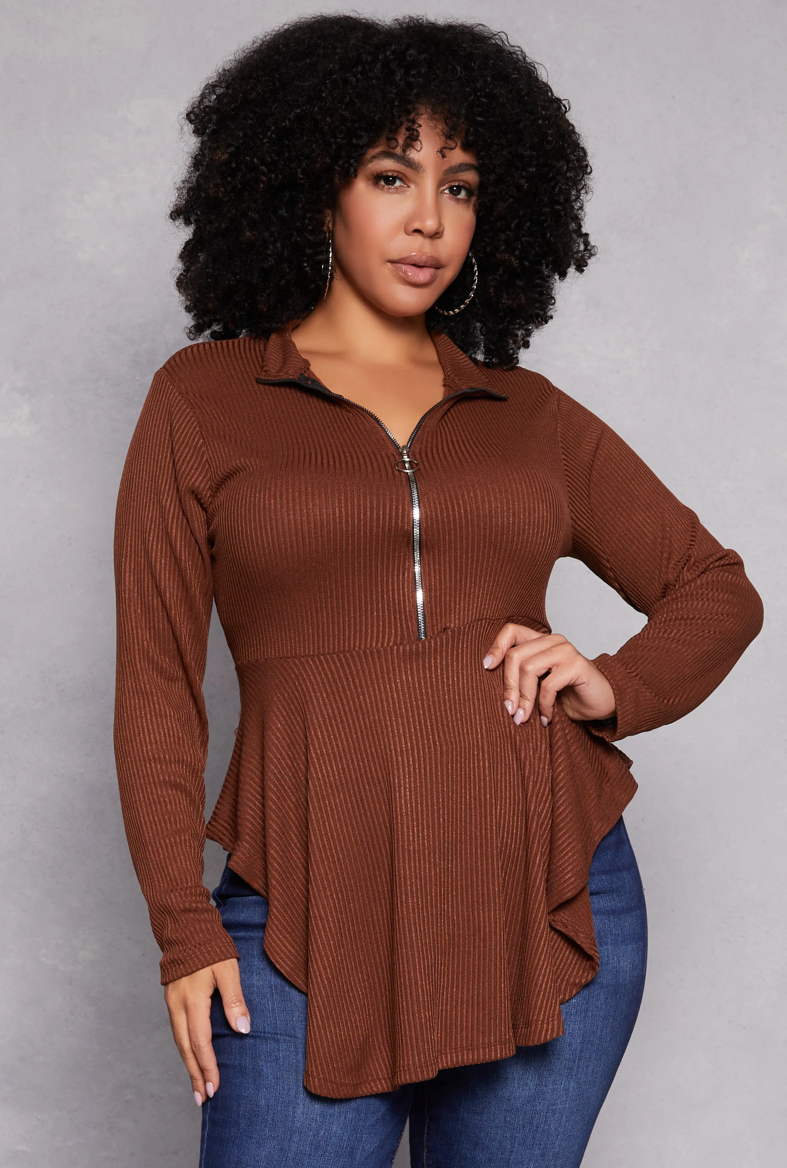 Plus Size Half Zip Peplum Top sold by Rainbow