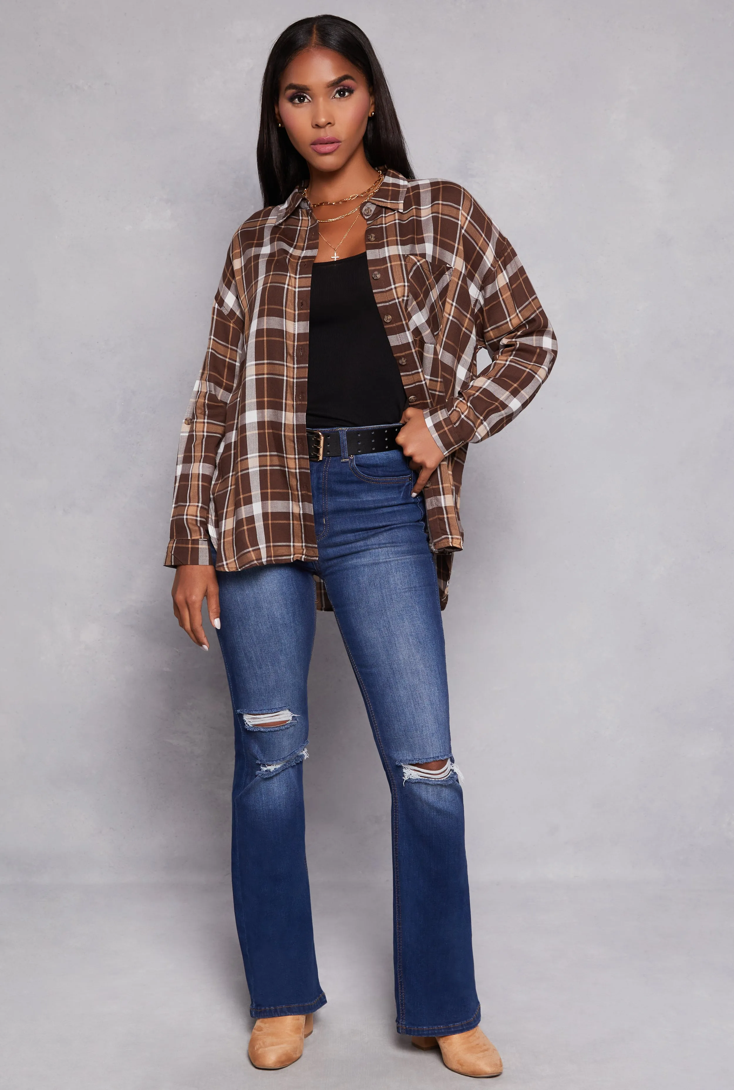 Plaid Tabbed Sleeve Button Front Shirt sold by Rainbow product image thumbnail 2