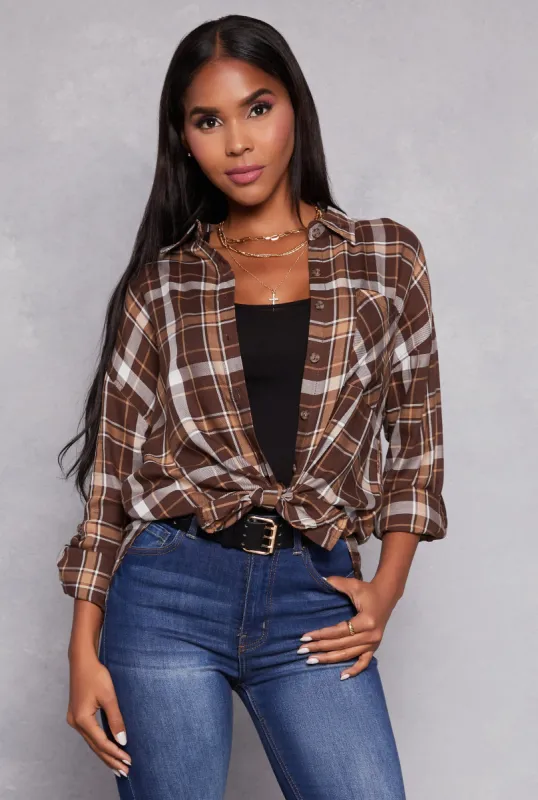 Plaid Tabbed Sleeve Button Front Shirt sold by Rainbow