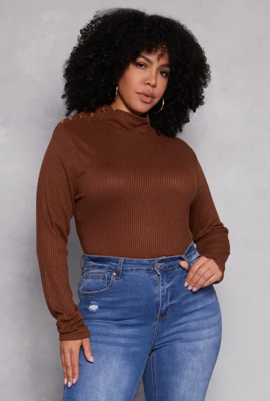 Plus Size Button Detail Mock Neck Top sold by Rainbow