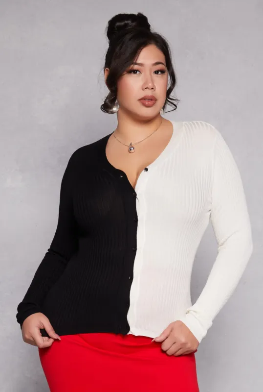 Plus Size Color Block Button Front Cardigan made by Rainbow