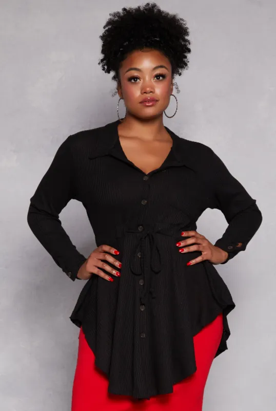 Plus Size Button Front Peplum Top sold by Rainbow