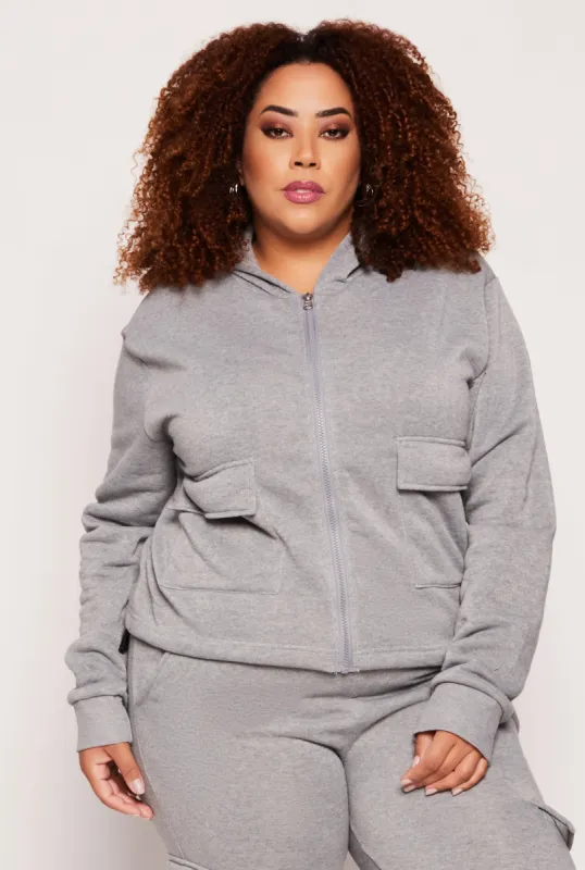 Plus Size Fleece Cargo Pocket Zip Hoodie sold by Rainbow