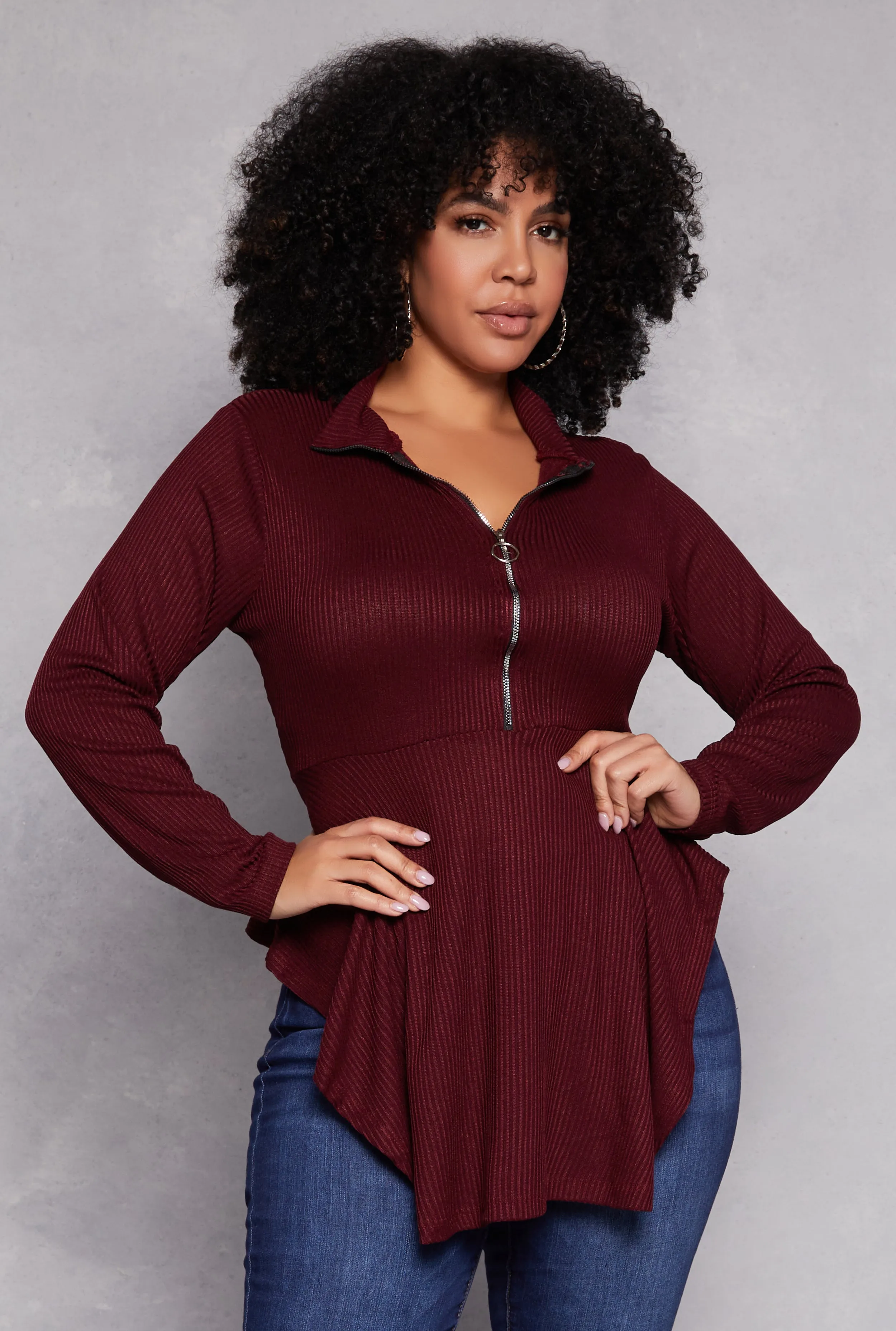 Plus Size Half Zip Peplum Top sold by Rainbow