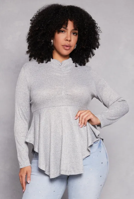 Plus Size Rouched Mock Neck Peplum Top sold by Rainbow