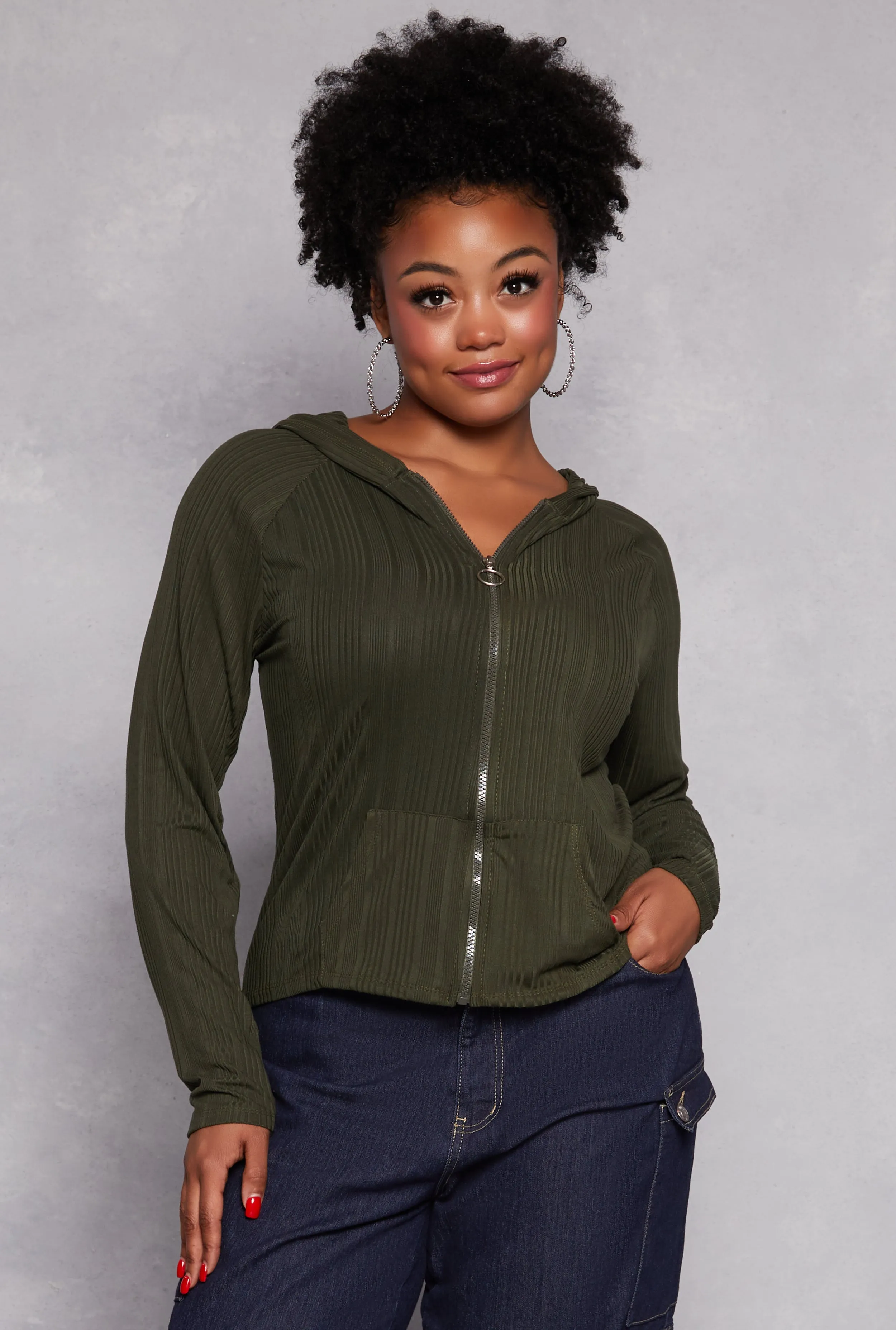 Plus Size Zipper Front Hooded Top sold by Rainbow