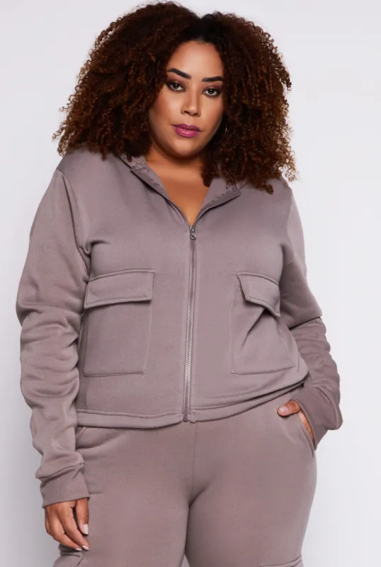 Plus Size Fleece Cargo Pocket Zip Hoodie sold by Rainbow
