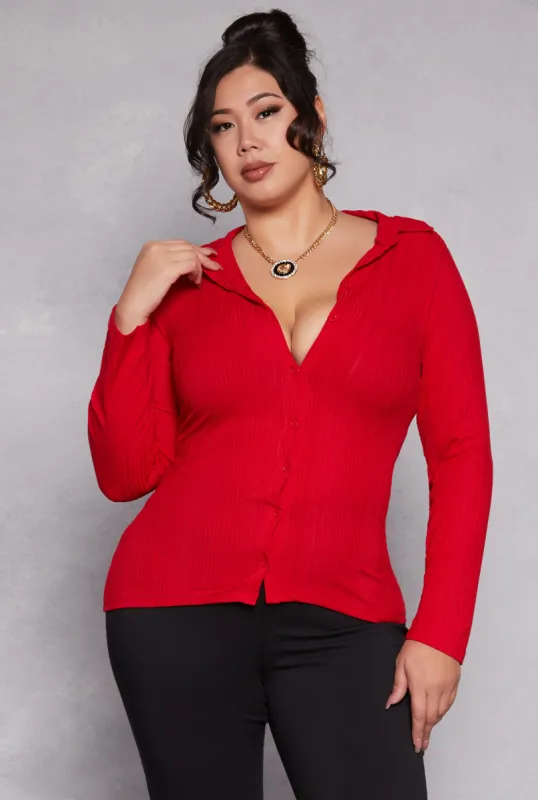 Plus Size Ribbed Knit Button Front Top sold by Rainbow