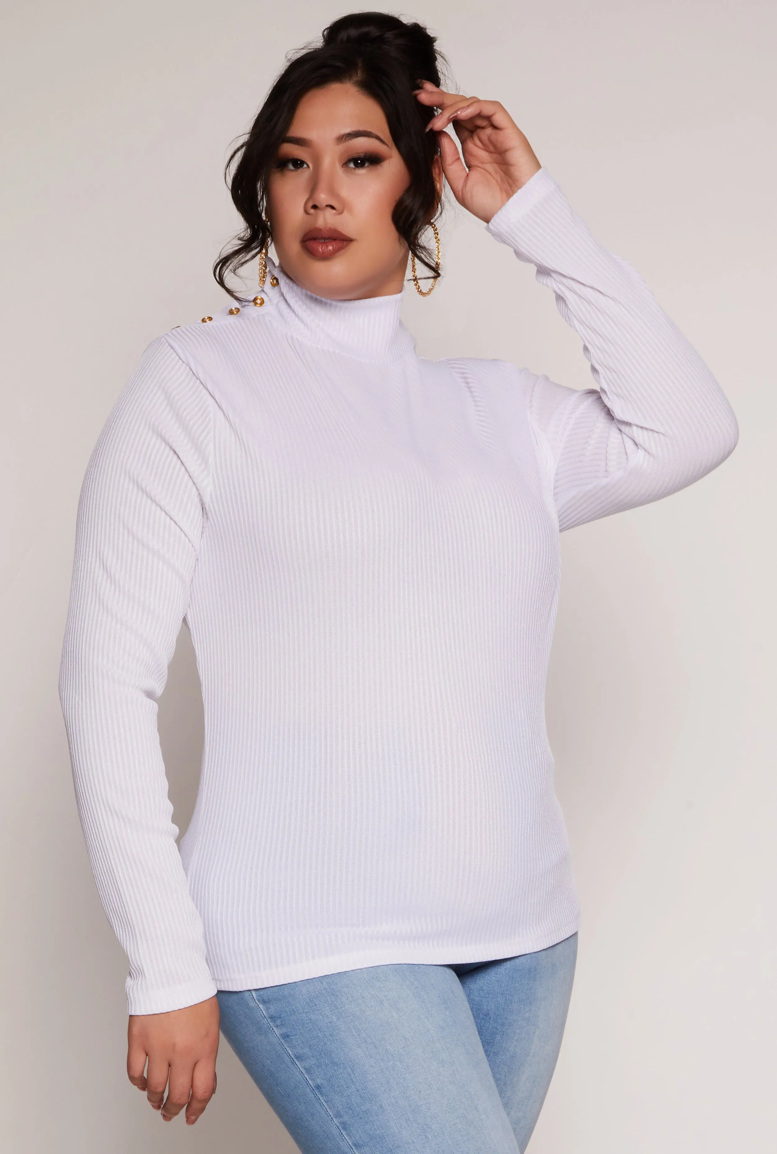 Plus Size Button Detail Mock Neck Top sold by Rainbow