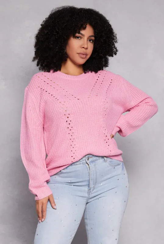Plus Size Pointelle Knit Crew Neck Sweater sold by Rainbow