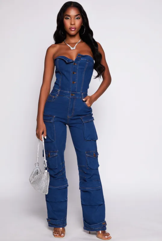 Daisy Denim Strapless Button Front Cargo Jumpsuit sold by Rainbow