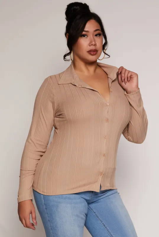 Plus Size Ribbed Knit Button Front Top sold by Rainbow