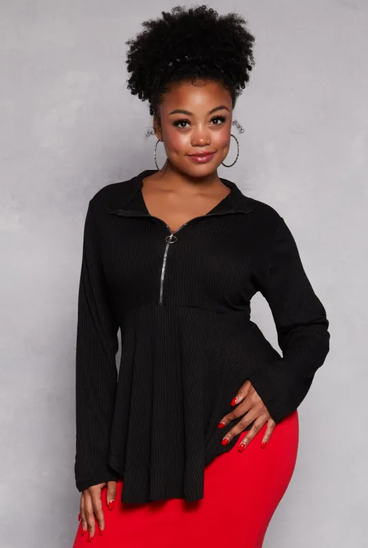 Plus Size Half Zip Peplum Top sold by Rainbow
