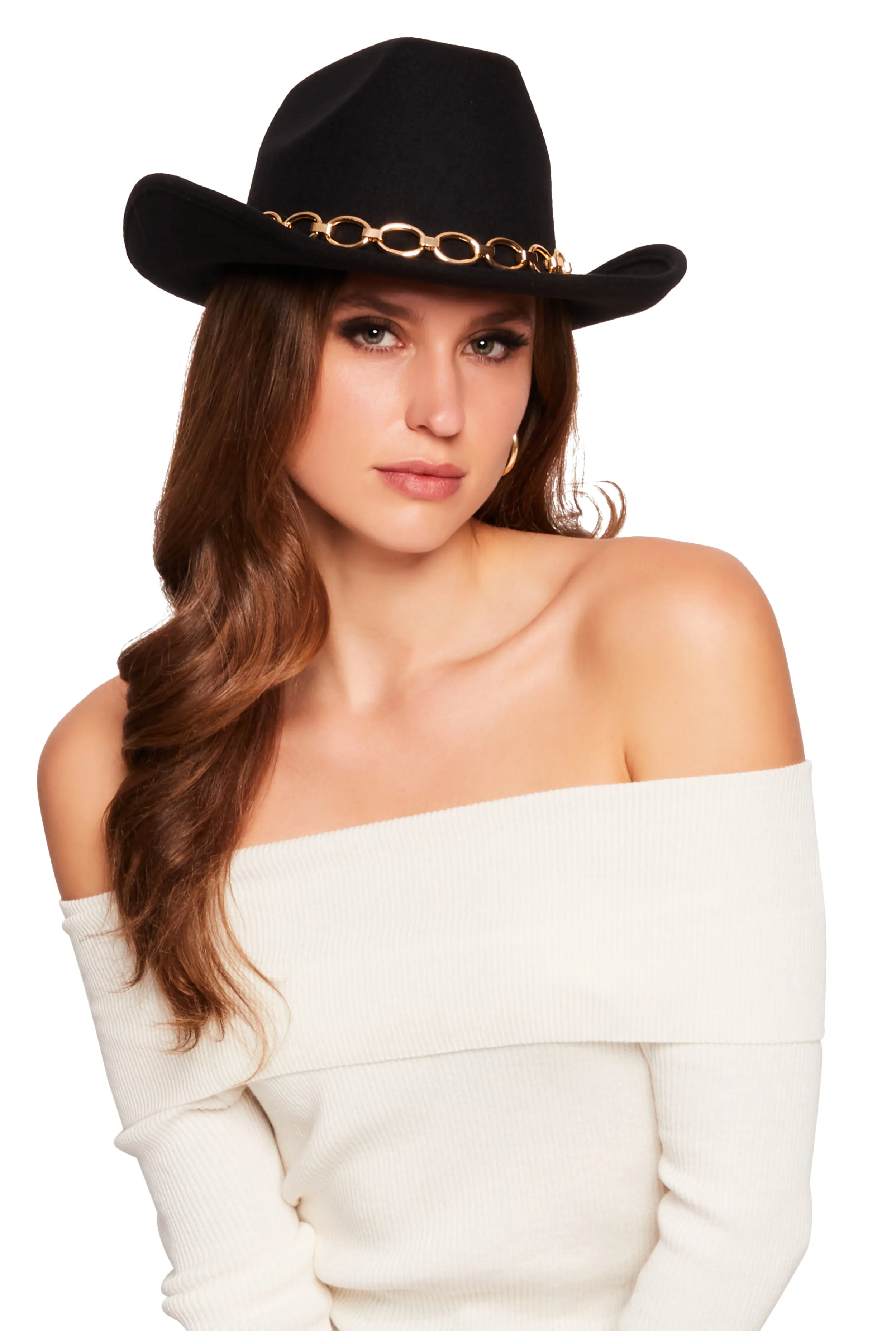Metallic Chain Detail Cowboy Hat sold by Rainbow